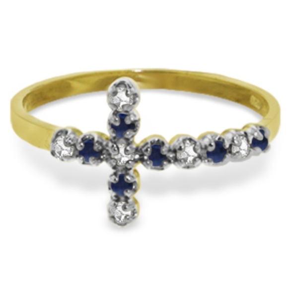 SOLID GOLD CROSS RING WITH DIAMONDS & SAPPHIRE